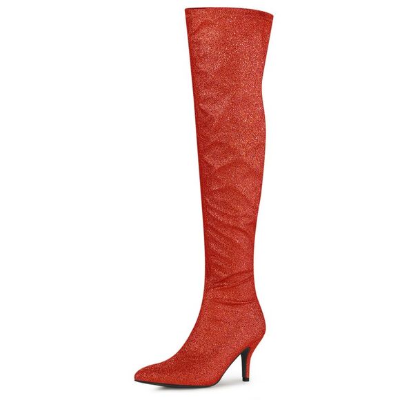 Allegra K Shoes - Women's Glitter Stiletto Heel Over The Knee High Red Boots